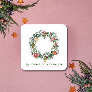Retro Vintage Christmas Wreath Family Name Custom  Coaster