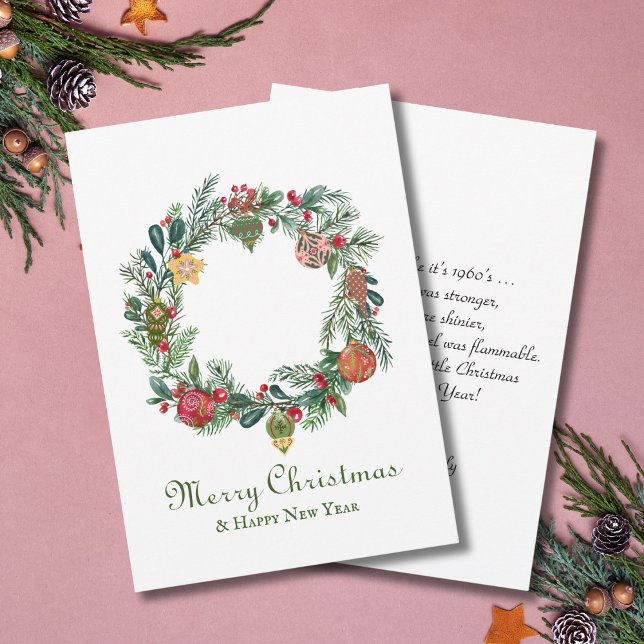 Retro Vintage Christmas Wreath & Ornaments Funny   Card (Creator Uploaded)