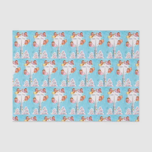 retro vintage Church and Angels party Tissue Paper (Front)