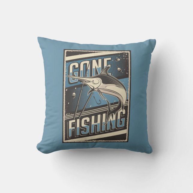 Retro Vintage Classic Grunge Blue Gone Fishing  Cushion (Front)