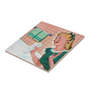 retro vintage cleaning bathroom lady tile