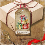 Retro Vintage Colourful Gift Boxes Merry Christmas Gift Tags<br><div class="desc">Beautiful retro vintage illustration of colourful gift boxes on a retro grunge background and frame for an aged or vintage look. Design features a vintage scroll ribbon for your personalisation both in the front or the back sides of this elegant,  and timeless Holiday Gift Tag.</div>