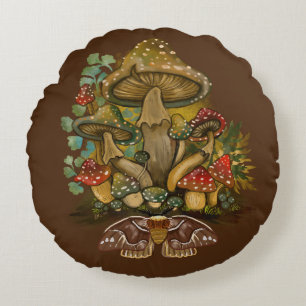 Retro Vintage colours Mushroom & Moth Art Round Cushion