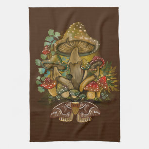 Retro Vintage colours Mushroom & Moth Art Tea Towel