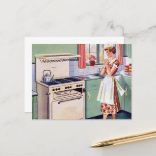 retro vintage cooking kitchen lady  postcard