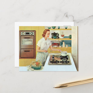retro vintage cooking lady kitchen  postcard