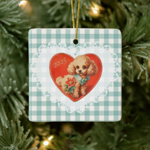 Retro Vintage Coquette Baby Animals Dog Gingham Ceramic Ornament