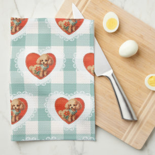 Retro Vintage Coquette Baby Animals Dog Gingham Tea Towel