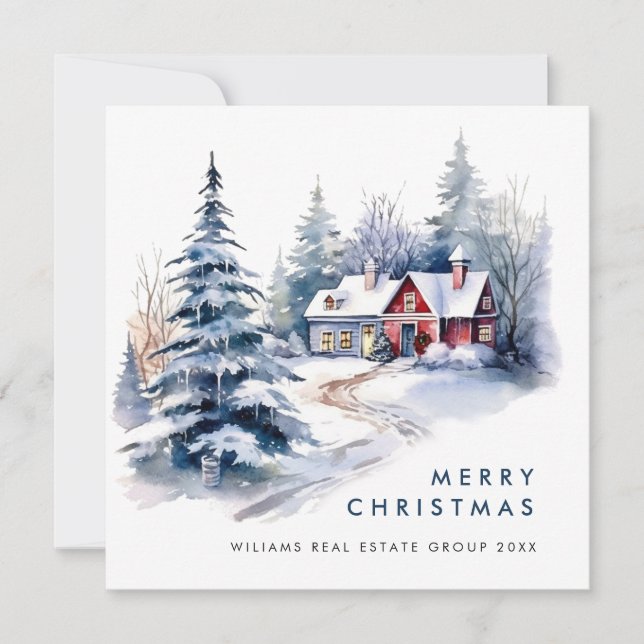 Retro Vintage Country House Christmas Tree Holiday Card (Front)