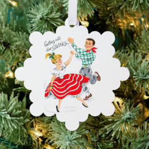 retro vintage Couple add message Tree Decoration Card