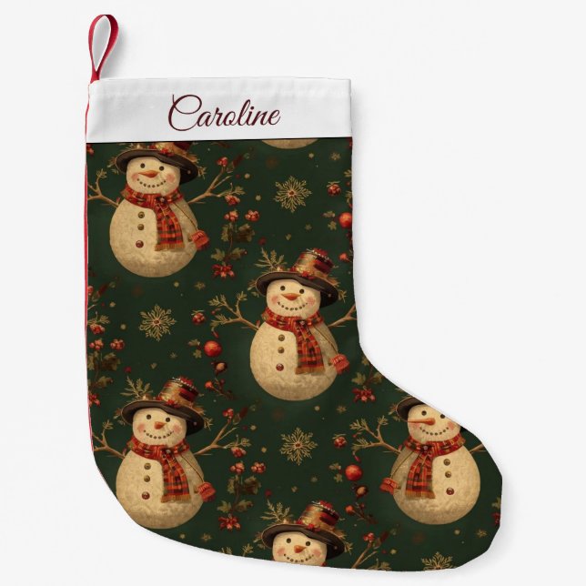 Retro Vintage Cute Christmas Snowman Small Christmas Stocking (Front)