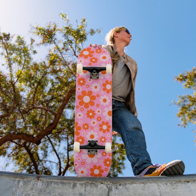 Retro Vintage Daisy Pattern Orange Pink Skateboard (Outdoor 1)