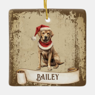 Retro Vintage Dog with Red Christmas Hat Ceramic Ornament