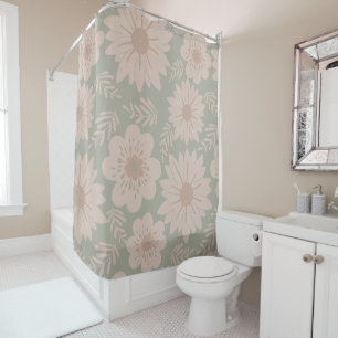 Retro Vintage Dusty Blue Pink Floral Shower Curtain