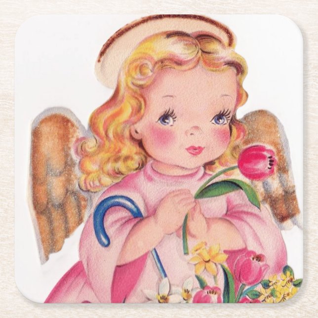 retro vintage Easter Angel party Square Paper Coaster (Front)