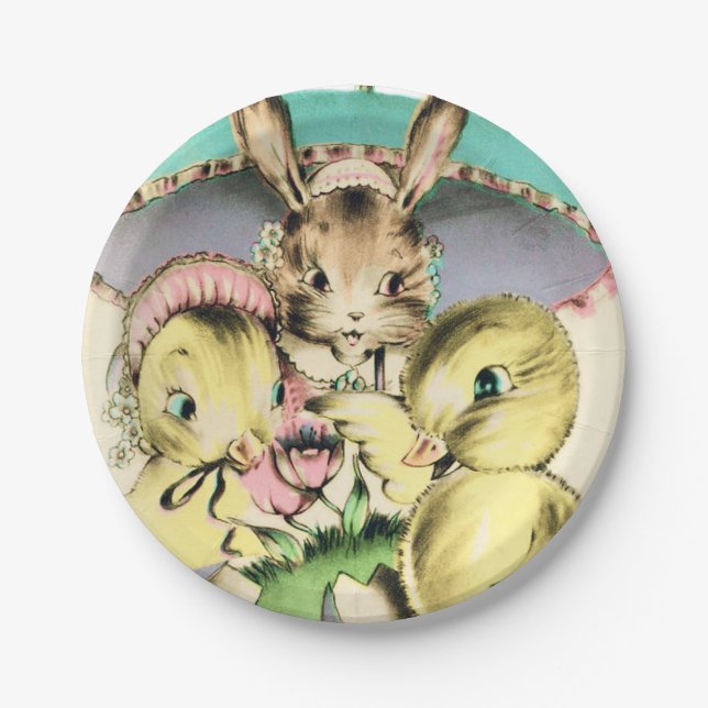 Retro Vintage Easter bunny and Chicks party plate (Front)