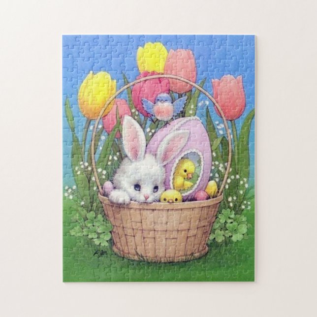 retro vintage Easter bunny basket Holiday Jigsaw Puzzle (Vertical)
