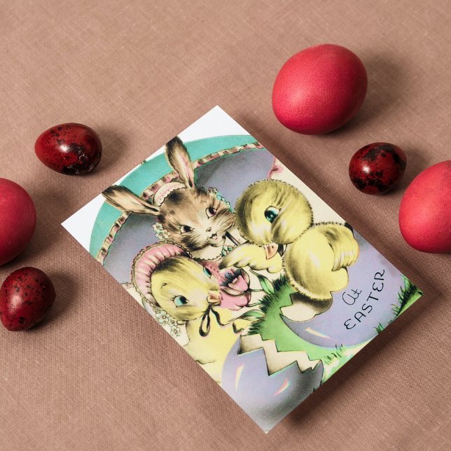 Retro vintage Easter bunny chicks Holiday postcard (Creator Uploaded)