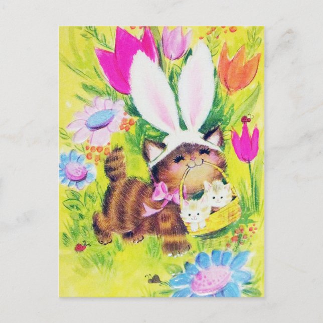 Retro vintage Easter cat Holiday postcard (Front)