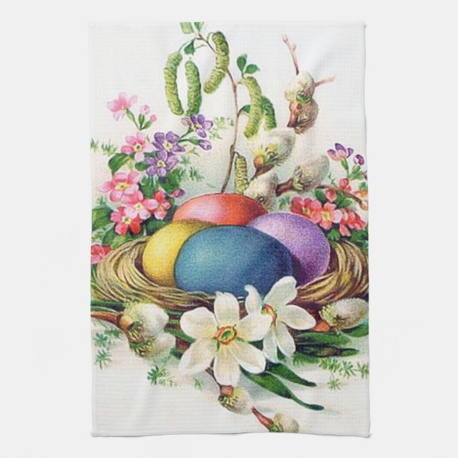 retro vintage Easter eggs Holiday Tea Towel (Vertical)