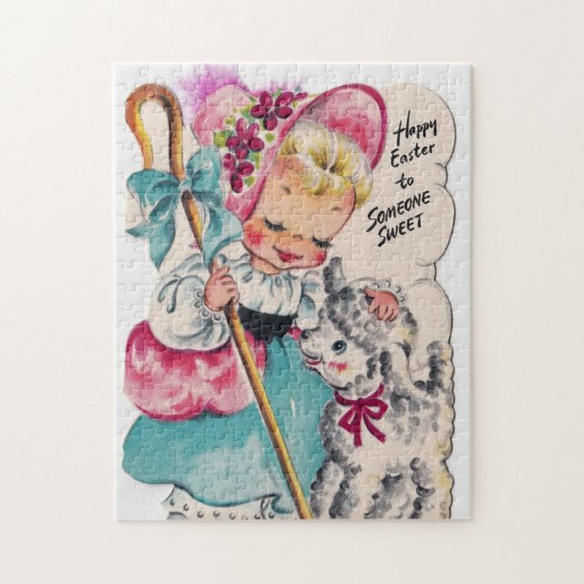 retro vintage Easter girl lamb Holiday Jigsaw Puzzle (Vertical)