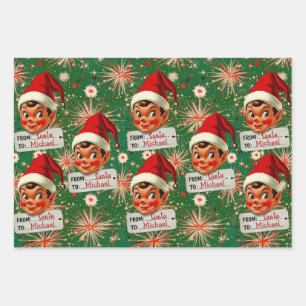 Retro Vintage Elves Personalized Wrapping Paper Sheet