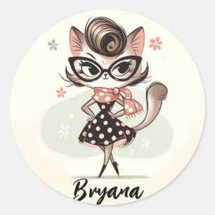 Retro Vintage Feminine Kitten With Cat Eye Glasses Classic Round Sticker