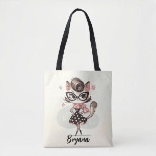 Retro Vintage Feminine Kitten With Cat Eye Glasses Tote Bag