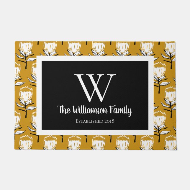 Retro Vintage Flowers & Mustard Yellow Doormat (Front)