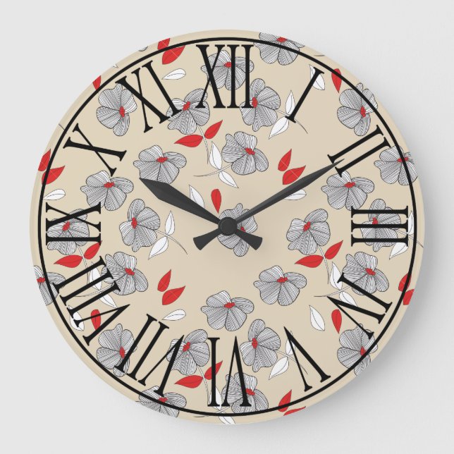 Retro Vintage Flowers Roman Numerals Large Clock (Front)