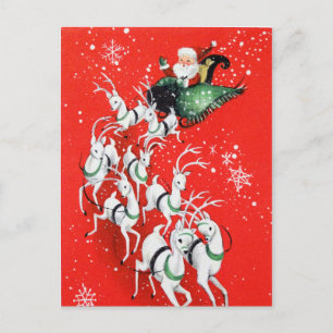 retro vintage flying Santa Holiday Postcard