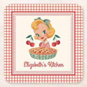 Retro Vintage Gingham Red Cherry  Square Paper Coaster
