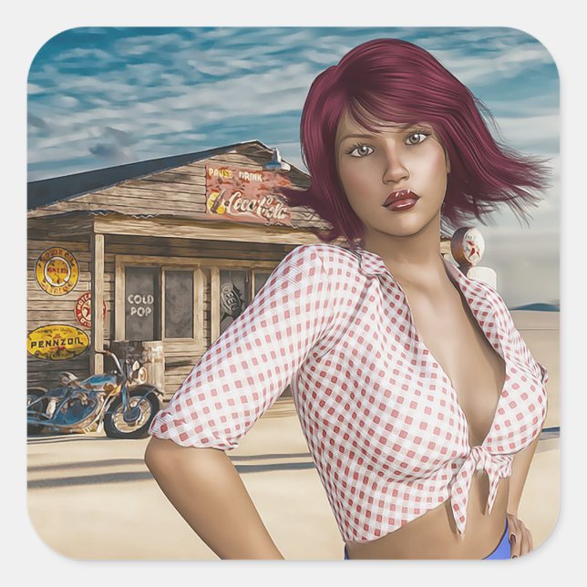 Retro Vintage Girl abandoned gas station Stickers (Front)