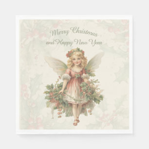 Retro Vintage Girl Angel Christmas Holly Napkin