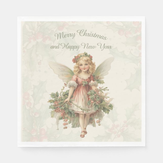 Retro Vintage Girl Angel Christmas Holly Napkin (Front)