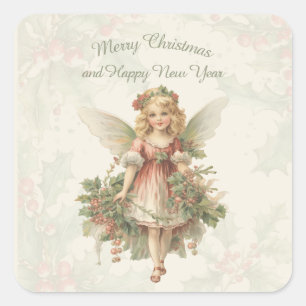 Retro Vintage Girl Angel Christmas Holly Square Sticker