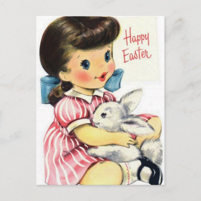 Retro vintage girl Easter bunny postcard (Front)