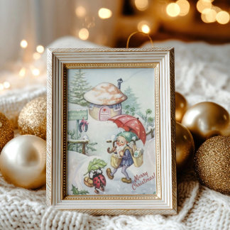 Retro Vintage Gnome & Ladybug Christmas Greeting Postcard