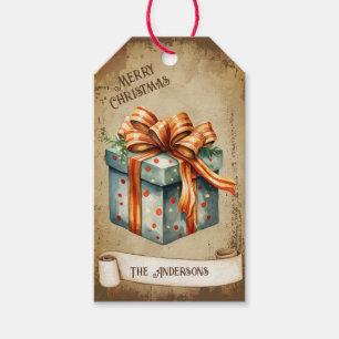 Retro Vintage Golden Bow Blue Christmas Gift Box Tags