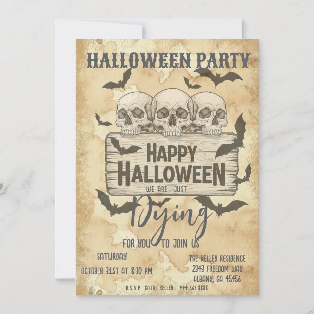 Retro Vintage Gothic Skulls Halloween Party Invite (Front)