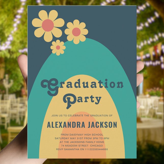 Retro Vintage Graduation Party Budget (Retro daisy arch graduation party budget invitation groovy 70s typography blue yellow orange green)