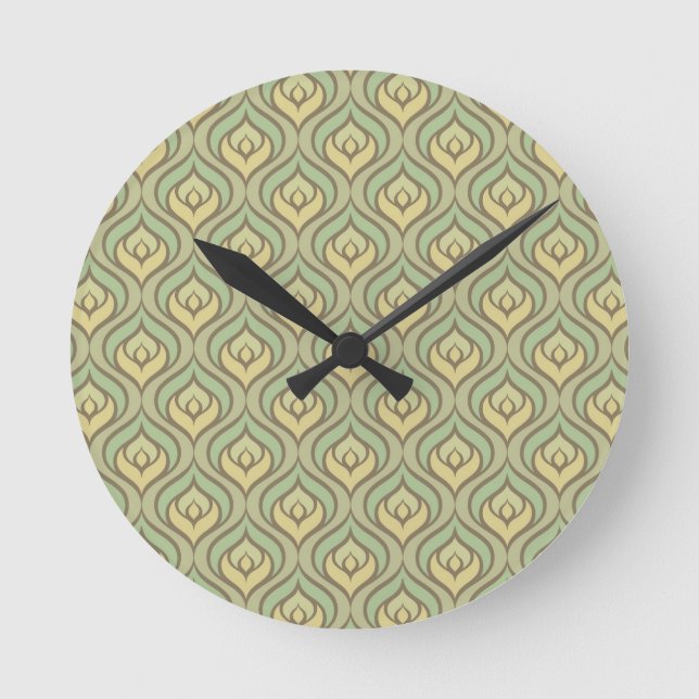 Retro vintage green and yellow pattern round clock (Front)