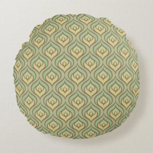 Retro vintage green and yellow pattern round cushion