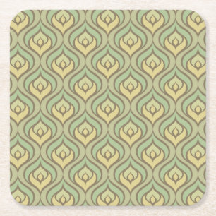 Retro vintage green and yellow pattern square paper coaster