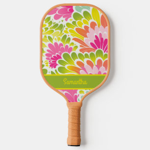 Retro Vintage Green Orange Pink Flowers Name  Pickleball Paddle