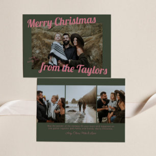 Retro Vintage Green & Pink Photo Christmas Holiday Card