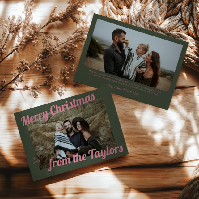 Retro Vintage Green & Pink Photo Christmas Holiday Card (Creator Uploaded)