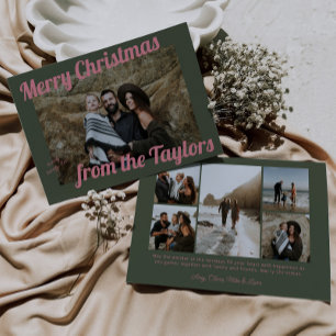 Retro Vintage Green & Pink Photo Christmas Holiday Card