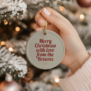 Retro Vintage Green Stripes Red Merry Christmas Ceramic Tree Decoration