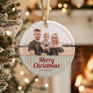Retro Vintage Green Stripes Red Merry Christmas Ceramic Tree Decoration